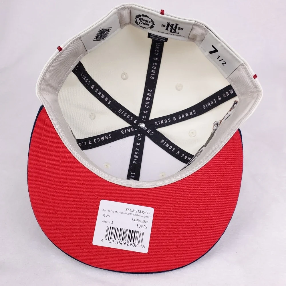 KC Monarchs Rings & Crowns NLB Fitted 7 1/2 Flatbill‎ Hat Cap 3D Logo White NWT